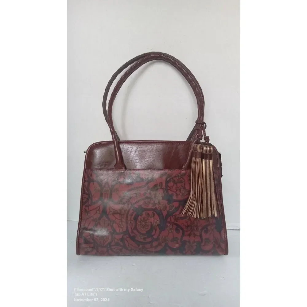 Vintage Tooled Leather Handbag with Tassel‎ Detail Brown Burgundy Floral Pattern